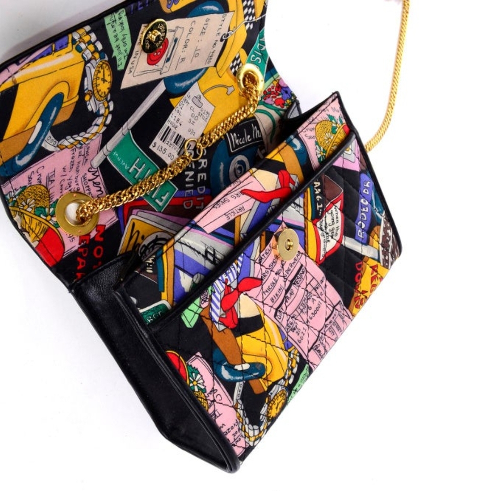 Nicole Miller Quilted Silk VGold  Print Shoulder Bag with Glos - Picture 2 of 6